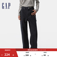 GAP女裝2025春季新款純棉挺括無彈中腰直筒寬松工裝牛仔褲727746 黑色 25 (160/60A)亞洲尺碼
