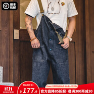 馬登工裝美式復(fù)古情侶甲板背帶褲水洗丹寧直筒闊腿牛仔褲休閑長(zhǎng)褲男潮 牛仔藍(lán) XL