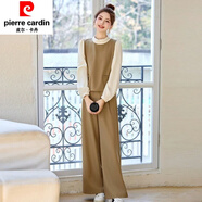 皮爾卡丹（pierre cardin）感氣質(zhì)闊腿褲套裝女2025春新款時尚假兩件拼接襯衫長褲兩件套 卡其色套裝 S 建議80--94斤