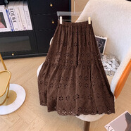 日系森女鏤空刺繡半身裙女夏季內襯雙層松緊腰中長(cháng)款a字傘裙半裙 咖啡色 M _建議95-115斤