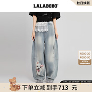 拉拉波波【商場同款】LALABOBO牛仔褲25年秋新款原創(chuàng)直筒印花微闊顯高褲子 中藍白 28