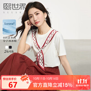 熙世界（sllsky）法式絲巾領(lǐng)結(jié)印花短袖t恤設(shè)計(jì)感2025夏新款正肩體恤上衣 荔枝白 上衣 M