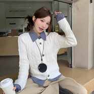 歌詩慧假兩件針織衫開衫2025秋冬季新款女裝設(shè)計感韓版學(xué)生毛衣上衣內(nèi)搭 藍(lán)格子領(lǐng)白色毛衣 均碼