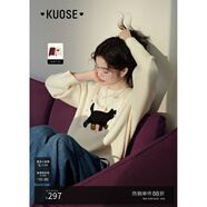 闊色（kuose）立體小貓刺繡毛衣秋冬季新款女裝短款針織衫寬松長袖上衣 杏色 S