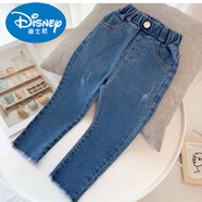 迪士尼（Disney）女童2025秋冬一體加絨牛仔褲兒童鉛筆褲女寶小童彈力修身小腳褲潮 藍色加絨 90