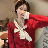 芊綢法式甜美蕾絲系帶長(cháng)袖針織毛衣開(kāi)衫女秋冬季洋氣別致小眾顯瘦上衣 紅色上衣 【簡(jiǎn)約百搭】 S