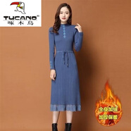 啄木鳥(niǎo)（TUCANO）2025春秋新款加厚系帶毛衣裙中長(cháng)款過(guò)膝顯瘦針織打底連衣裙蕾絲 寶藍色(加/絨加厚) XL 建議115一125斤