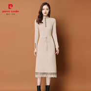 皮爾卡丹針織連衣裙女2025年秋冬新款加絨加厚針織打底長款蕾絲毛衣裙過膝 米色.. M