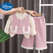 迪士尼（Disney）女寶寶秋裝套裝洋氣兒童衣服童裝一歲女童冬裝小香風(fēng)馬甲三件套 粉色花邊雙口袋三件套 90 建議80-90cm1歲-1歲半碼(75-