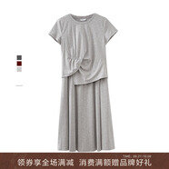 水云間女裝 通勤圓領(lǐng)短袖上衣寬松A字半身裙套裝2025夏季新款 淺灰 L