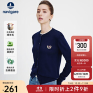 Navigare意大利小帆船圓領針織開衫女士秋冬款長袖休閑外套氣質內(nèi)搭毛衣女 海軍藍 XL 碼