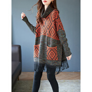 寶詩(shī)黎高領(lǐng)蝙蝠長(cháng)袖寬松流蘇針織衫女復古套頭毛衣2025年秋季新款 橙色 L[135-160斤] 均碼