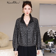 卡搭（kraallda）品牌印花真皮皮衣女短款休閑綿羊皮皮夾克外套女2025新款女裝 黑色 M 90-120斤