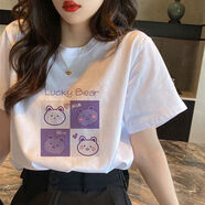 王熙麥 純棉短袖t恤女裝夏季新款白色寬松t桖薄款體恤衫上衣潮衣服 白色【四宮格小熊】 XL適合120-135斤