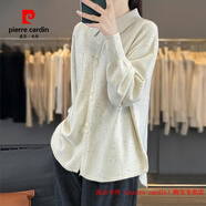 皮爾卡丹（pierre cardin）品牌高檔輕奢秋冬純羊毛女POLO領(lǐng)針織開衫寬松休閑毛衣外套外搭上 品牌高端新品-點(diǎn)點(diǎn)紗白色 M