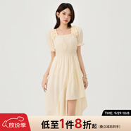 快魚方領(lǐng)泡泡袖新品連衣裙2024新款女夏不規(guī)則設(shè)計(jì)感收腰顯瘦氣質(zhì)長(zhǎng)裙 杏色 M