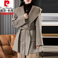 皮爾卡丹高檔新連帽雙面羊毛大衣女短款小個(gè)子帶帽外套女系帶款雙面呢外套 燕麥色 L
