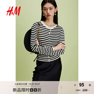 H&M【徐若晗同款】女裝毛針織衫秋慵懶短款打底衫m(xù)iu系薄開衫0579541 黑色/條紋 M 165/96