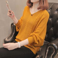 弗依郝v領(lǐng)針織衫大碼蝙蝠袖2025春秋裝韓版鏤空寬松套頭上衣女毛衣麻花 姜黃色 S 75-90斤