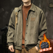 后琤復古麂皮絨夾克男寬松春秋季休閑外套男士潮流刺繡翻領(lǐng)棒球服男裝 灰綠色 加絨 XL （140-160斤）