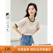 梵希蔓撞色條紋短袖針織衫女2025年夏季新款休閑通勤薄款洋氣上衣 72915 杏粉條紋 S