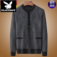 花花公子（PLAYBOY）高端開衫毛衣男春秋季新款加厚保暖圓領(lǐng)中老年爸爸格子針織外套 K39中灰 圓領(lǐng) M 165 90斤-110斤