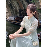大碼女夏裝新款胖mm顯瘦遮肚氣質(zhì)新中式國風(fēng)泡泡袖盤(pán)扣收腰連衣裙 藍色版穿搭一整套茶系名媛 L