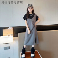 儷韻小屋（LiYunHouSe）女童T恤裙2025新款時(shí)尚連衣裙兒童修身裙子夏季假兩件收腰公主裙 火山灰色 【限量】 140