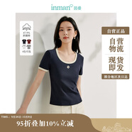 茵曼時尚撞色U領刺繡T恤夏季女裝新潮休閑通勤正肩短袖上衣 藏青色 M