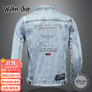 Walker Shop 牛仔夾克男潮流春秋季休閑百搭修身男士外套歐洲風(fēng)刺繡牛仔上衣 藍色蜜蜂款 3XL 150-165斤