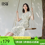歐莎（OSA）清新V領(lǐng)碎花短袖連衣裙女夏季2025年新款輕薄收腰顯瘦裙子 杏底印花 S