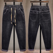 完君秋冬款加絨高彈男士牛仔褲男松緊腰彈力哈倫直筒褲子寬松抽繩長(cháng)褲 黑色 加絨 31 125斤-135斤