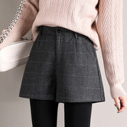 JIL ANON短褲女秋冬款外穿冬季2025新款顯瘦毛呢加厚寬松高腰闊腿a字靴褲 深灰格子 M 27