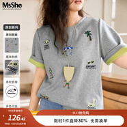 MsShe【原創(chuàng)印花刺繡雙色短袖T恤】大碼女裝2025夏裝胖mm顯瘦上衣 A款-花灰色現(xiàn)貨 3XL