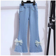 【奧萊清倉】女童衛衣套裝春秋裝2025新款娃娃領(lǐng)兒童牛仔喇叭褲子 蝴蝶結牛仔褲 170 cm