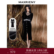 MAXRIENY絲絨連衣裙法式秋冬設(shè)計感蕾絲裙泡泡袖赫本風(fēng)長裙裙子 黑色 L 03