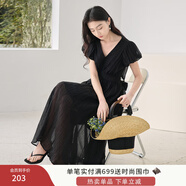 香影v領(lǐng)粉色連衣裙女2025夏裝新款垂感花苞袖高腰海邊度假沙灘裙 黑色 M 160/84A/95-110斤