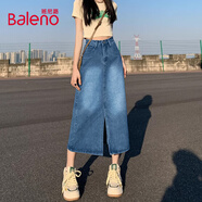 班尼路（Baleno）時尚潮流牛仔半身裙女款2025年春秋季新款高腰開叉設(shè)計感A字短裙