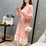 HUALIN FASHION女款中長蕾絲拼接毛衣裙2025秋裝韓版純色麻花針織衫外穿 粉色 均碼