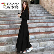 啄木鳥(niǎo)（TUCANO）2025年新款高個(gè)子秋季超長(cháng)款連衣裙女腳踝氣質(zhì)拖地長(cháng)裙子 黑色 L 111-122斤