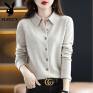 花花公子（PLAYBOY）秋冬新款氣質(zhì)女開(kāi)衫襯衣領(lǐng)POLO領(lǐng)長(cháng)袖毛衣大碼羊毛打底針織衫 黑色 S
