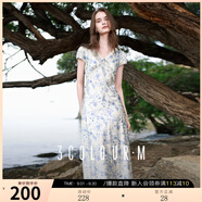 三彩2025夏季新款碎花連衣裙緞面提花斜裁A字裙蕾絲長裙M 霧霾藍花卉 XL 170/92A