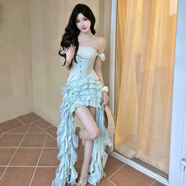 金泫雅越南掛脖不規則重工荷葉邊流蘇連衣裙度假長(cháng)裙+腰封套裝裙 薄荷綠 L