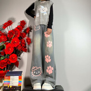 Baldauren女童褲子秋冬新款牛仔褲6-15歲中小學(xué)生女孩中大童顯瘦直筒闊腿褲 kt腳印牛仔藍（春秋常規款） 160 建議身高155cm左右