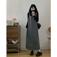 高級感慵懶風(fēng)灰色毛呢背帶裙2025秋冬新款胖mm打底衫連衣裙兩件套 灰色套裝[高端/顯瘦遮肉/學(xué)院風(fēng)/ L(100-120斤) 均碼