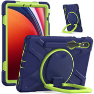 萬浮生適用于三星S10Fe平板保護(hù)套無磁標(biāo)簽S8Plus S7 S9Fe S10+ T510 T290 T225 A8 A9防摔硅膠全蓋 藏青黃綠＋橫豎穩(wěn)固支架 三星Tab A7 Lite (8.7英
