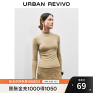 UR秋季新款女裝簡約百搭休閑立領(lǐng)修身長袖T恤UWB440047 綠卡其 XL