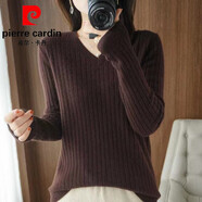 皮爾卡丹（pierre cardin）高端品牌品牌折扣女裝專(zhuān)柜撤柜羊毛加厚毛衣女寬松大碼純色V領(lǐng)針 皮爾卡丹   咖啡色 S 建議90斤以下