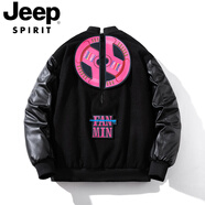JEEP SPIRIT美式高街vibe風(fēng)毛呢棒球服個(gè)性外套男女冬裝潮流皮袖夾克情侶棉衣 粉色【冬季皮袖棉衣】 -魔術(shù)貼可拆卸 M