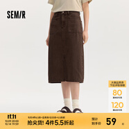 森馬（Semir）森柔牛仔|牛仔半身裙女開叉長裙顯腿長秋鹽系復(fù)古直筒裙潮酷 深咖啡50954 XS